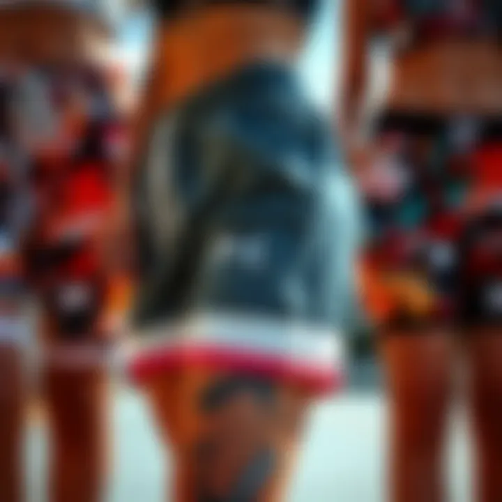 Close-up of various styles of female sweat shorts showcasing vibrant designs