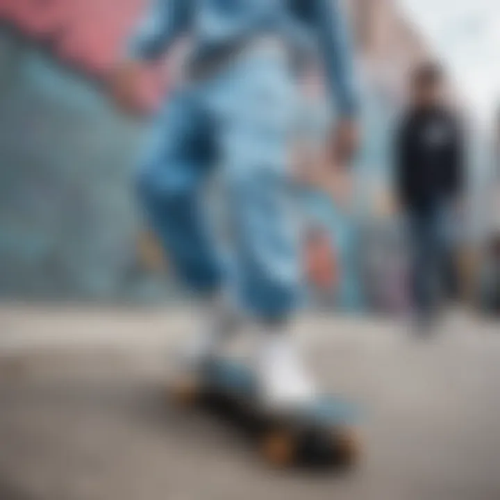 Graffiti backdrop featuring skateboarders in light blue sweatpants