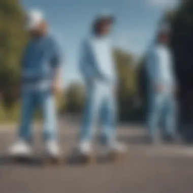 Group of skaters showcasing their fashion styles including light blue sweatpants