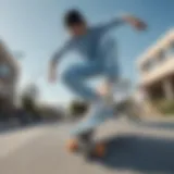 Skater performing a trick wearing light blue sweatpants