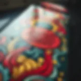 A close-up view of the intricate graphic design on a Santa Cruz skateboard deck