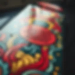 A close-up view of the intricate graphic design on a Santa Cruz skateboard deck