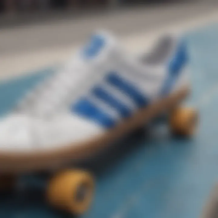 Close-up of Adidas blue stripes on a skateboard shoe