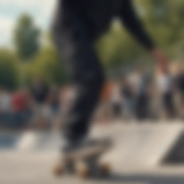 Skateboarder wearing black Dickies overalls performing a trick at a skate park