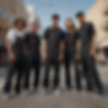 Stylish group of skateboarders in black Dickies overalls posing together