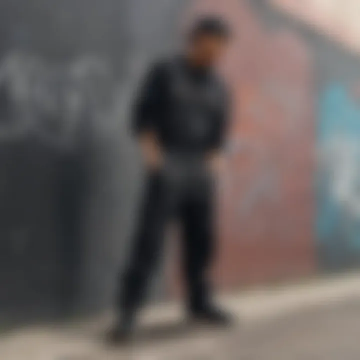 Urban backdrop with graffiti and a skateboard leaning against a wall with black Dickies overalls in focus