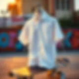 Stylish white short sleeve button-up shirt displayed on a skateboard