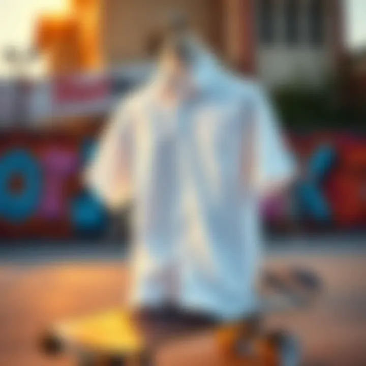 Stylish white short sleeve button-up shirt displayed on a skateboard