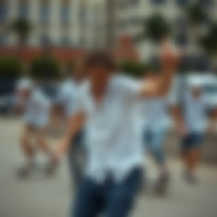 Group of skaters in white short sleeve button-up shirts performing tricks