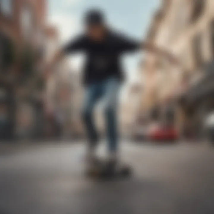 Fashionable skateboarder wearing a trendy belt in an urban setting