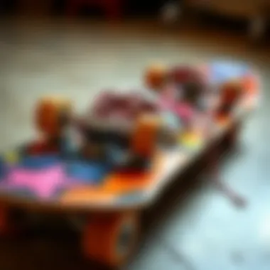 Close-up of a skateboard with vibrant shoe designs