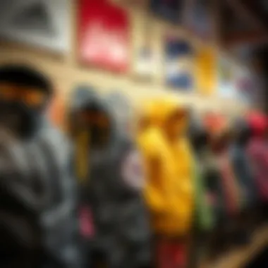 A collection of popular skateboarding coat brands displayed on a shelf