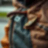 A close-up of a skateboard coat showcasing unique fabric textures and stitching