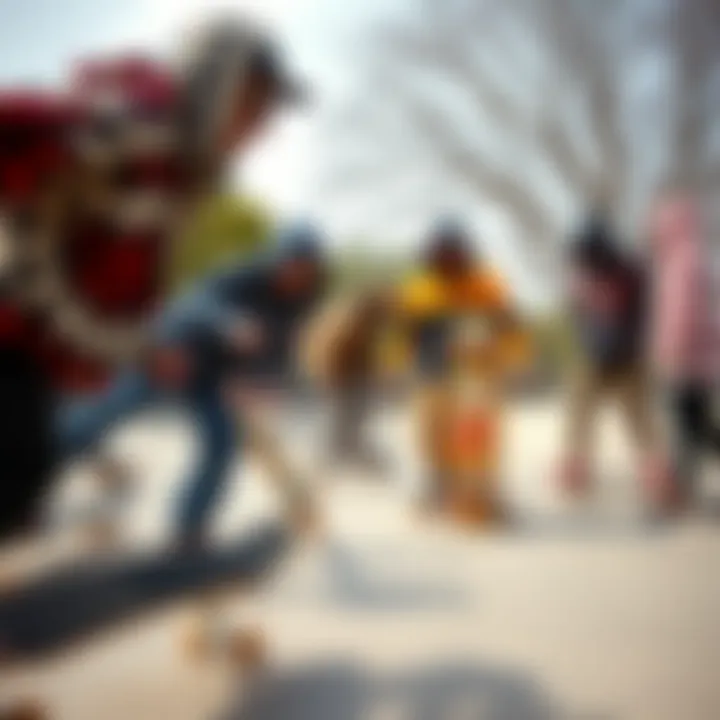A vibrant skate park scene featuring diverse skateboard coats in action