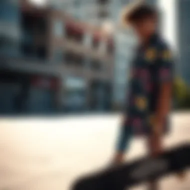 Skateboarder in Urban Environment Skateboarder wearing a Vans flower shirt in an urban setting