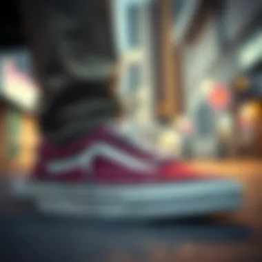Vans Old Skool Maroon in Urban Culture Vans Old Skool Maroon in an urban setting, representing streetwear culture