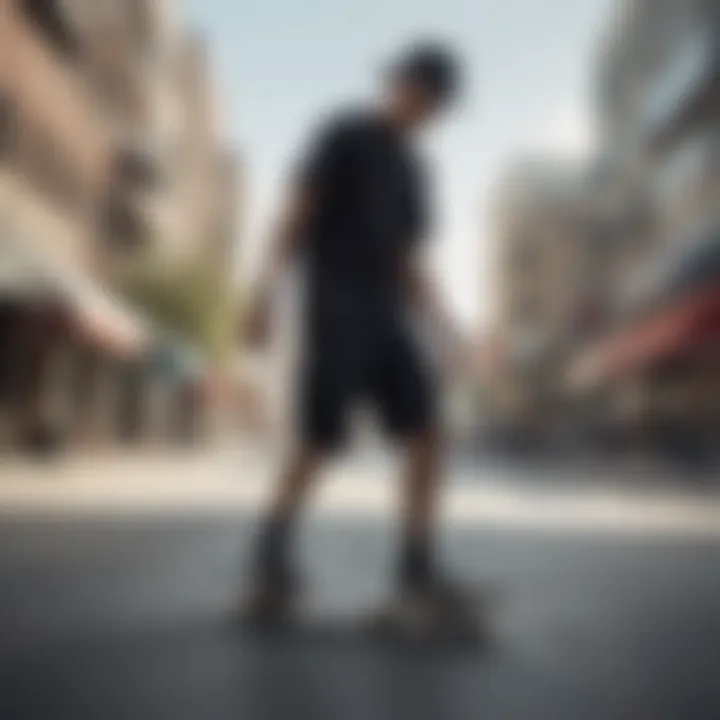 Skateboarder showcasing black cargo shorts during a trick