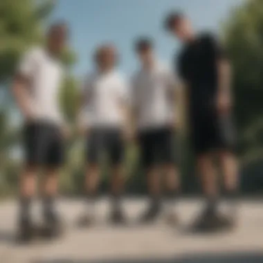 Group of skateboarders wearing black cargo shorts at a park