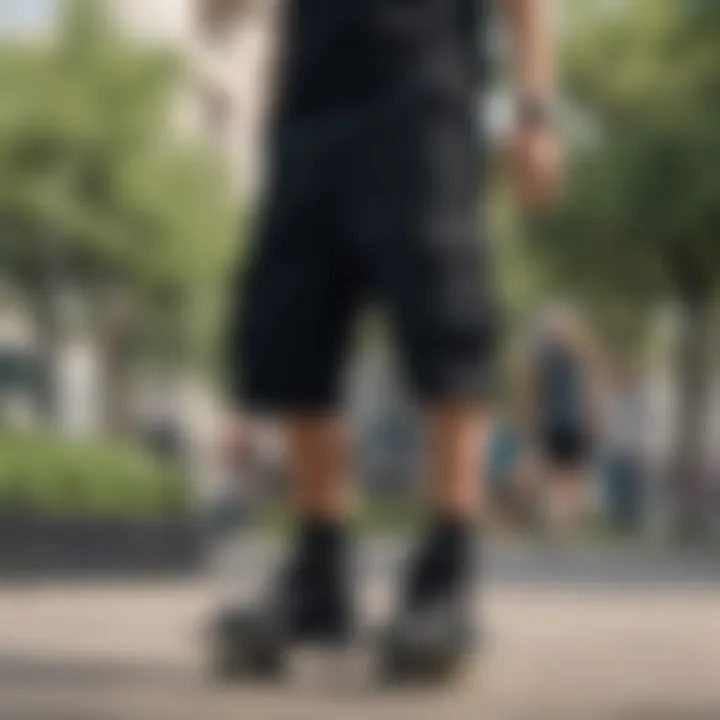 Stylish combination of black cargo shorts with skate accessories