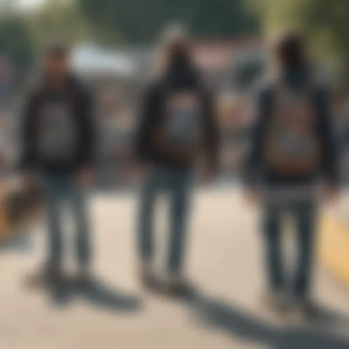 A group of skateboarders with Von Dutch bags at a skate park