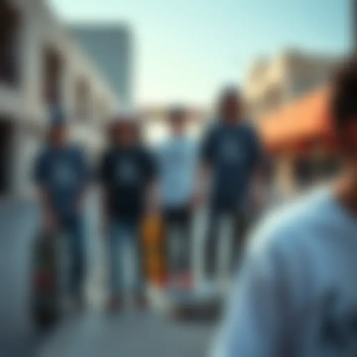 Skateboarding Culture and Style A group of skateboarders wearing oversized t-shirts in an urban setting