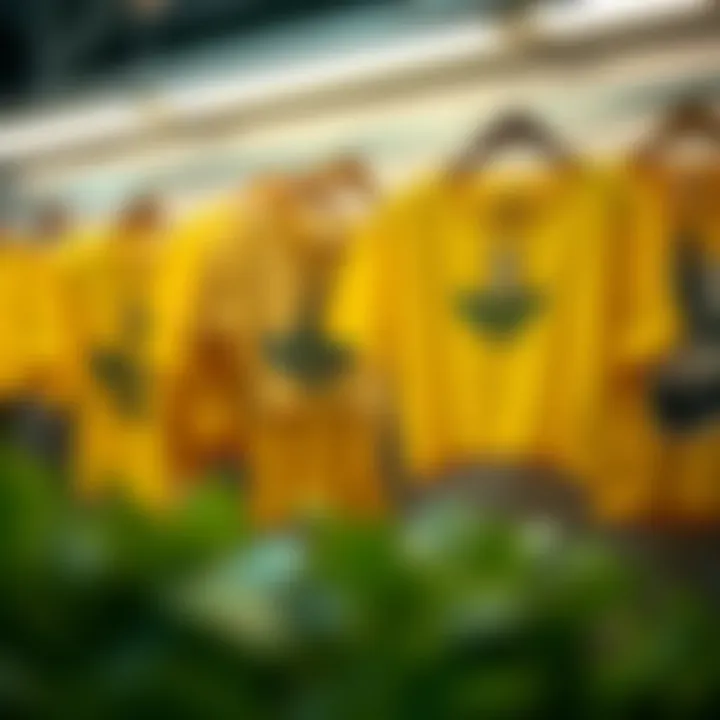 Collection of different styled yellow crop shirts on display