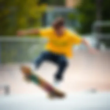 Skateboarder wearing a yellow crop shirt during a trick
