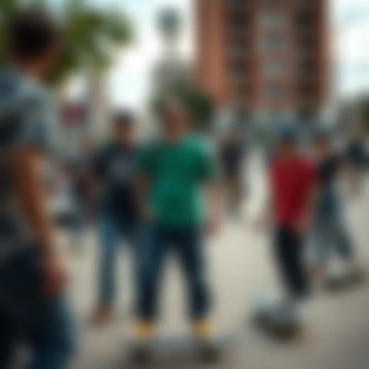 Skateboarders in a lively urban setting expressing camaraderie