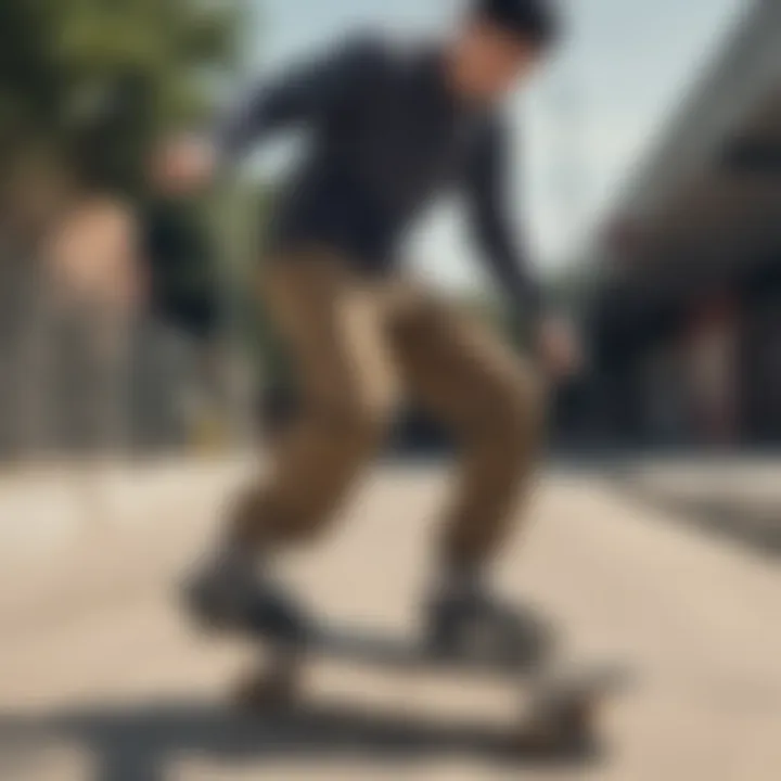 Skateboarder wearing Dickies cargo pants while performing a trick