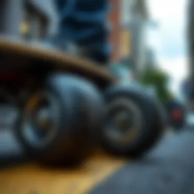Close-up of skateboard wheels on a city street