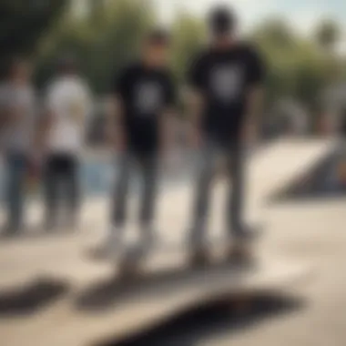 Group of skateboarders showcasing their unique graphic tees in an urban skate park setting.