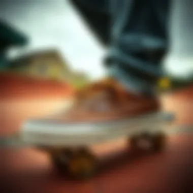 Vans Authentic Leather Brown in Action: Skateboarding Culture Vans Authentic Leather Brown in a skateboarding environment