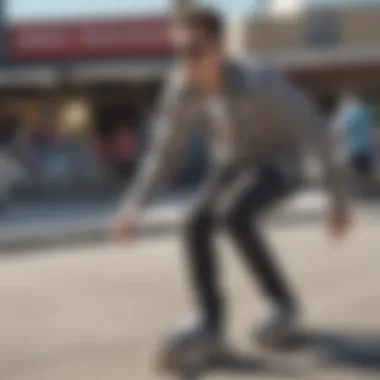 Stylish individual wearing Vans checkerboard sunglasses while skating