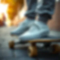 Classic Vans white canvas sneakers on a skateboard