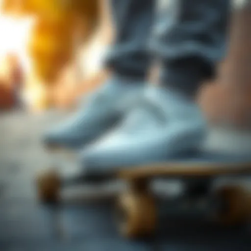 Classic Vans white canvas sneakers on a skateboard