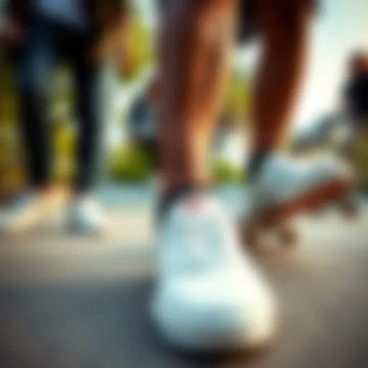 Group of skateboarders showcasing Vans sneakers in a skate park