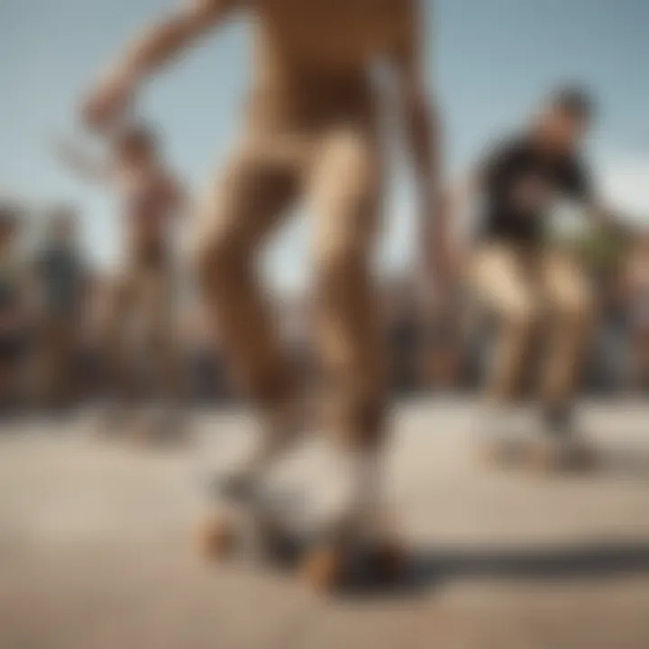 Group of skaters exhibiting diverse styles with light brown jeans