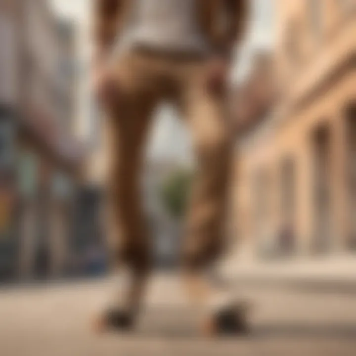 Skateboarder showcasing light brown jeans with urban backdrop