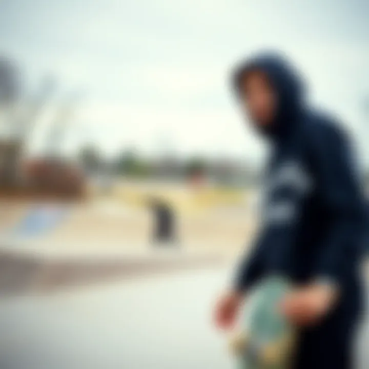 Skateboarder wearing a Virginity Rocks hoodie at a skate park