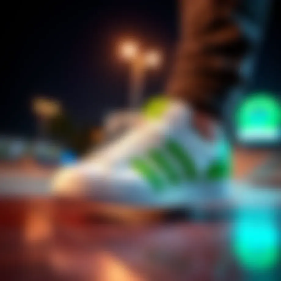 Stylish white Adidas shoes with green accents on a skate park background