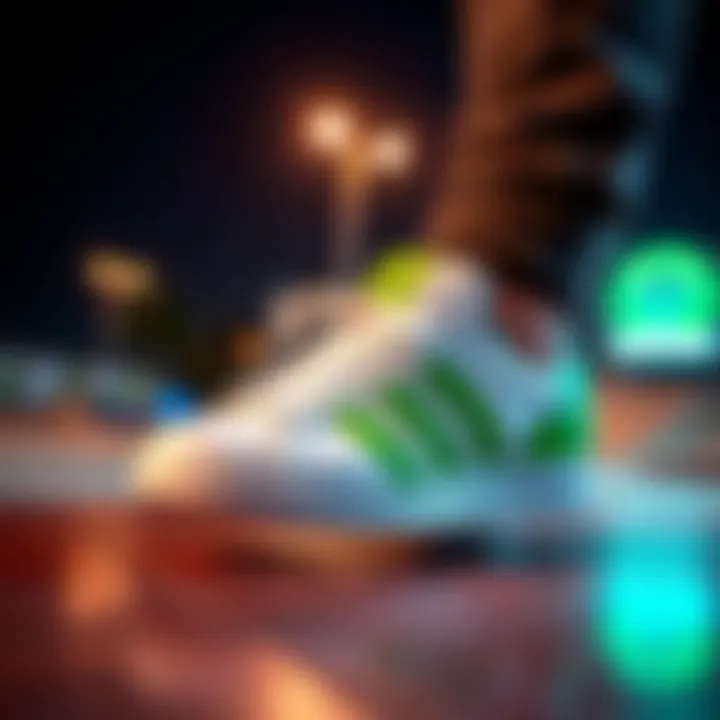Adidas in Action Stylish white Adidas shoes with green accents on a skate park background
