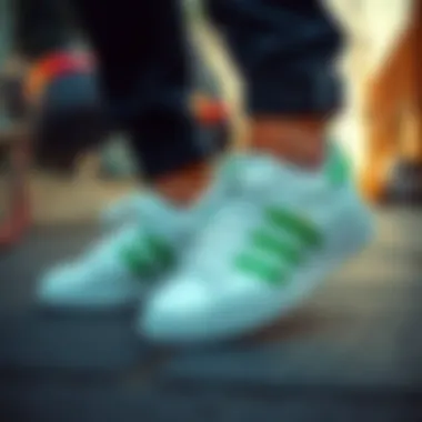 Street Style Influence Casual street style featuring white Adidas shoes with green accents