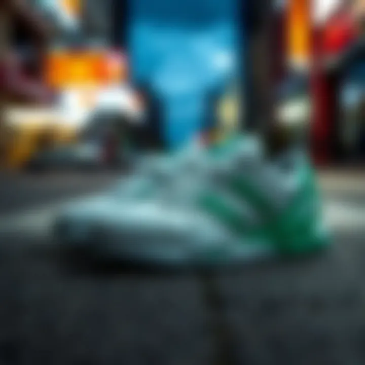 Urban Aesthetics Aesthetic shot of white Adidas shoes with green accents on a vibrant urban backdrop