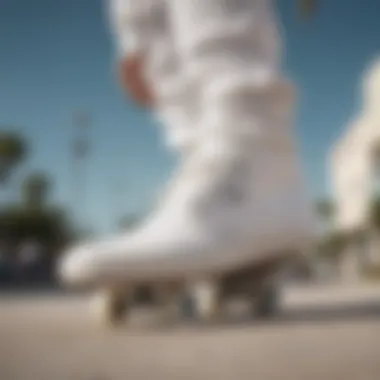 Skateboarder performing tricks while wearing white chukka lows.