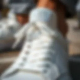 A close-up of white Janoskis highlighting their texture and design