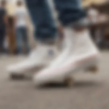 Group of skaters discussing style while wearing white monochrome Converse