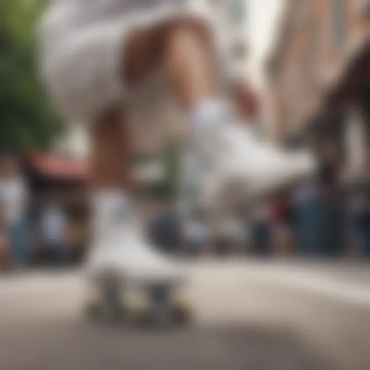 Skater wearing white monochrome Converse, performing a trick