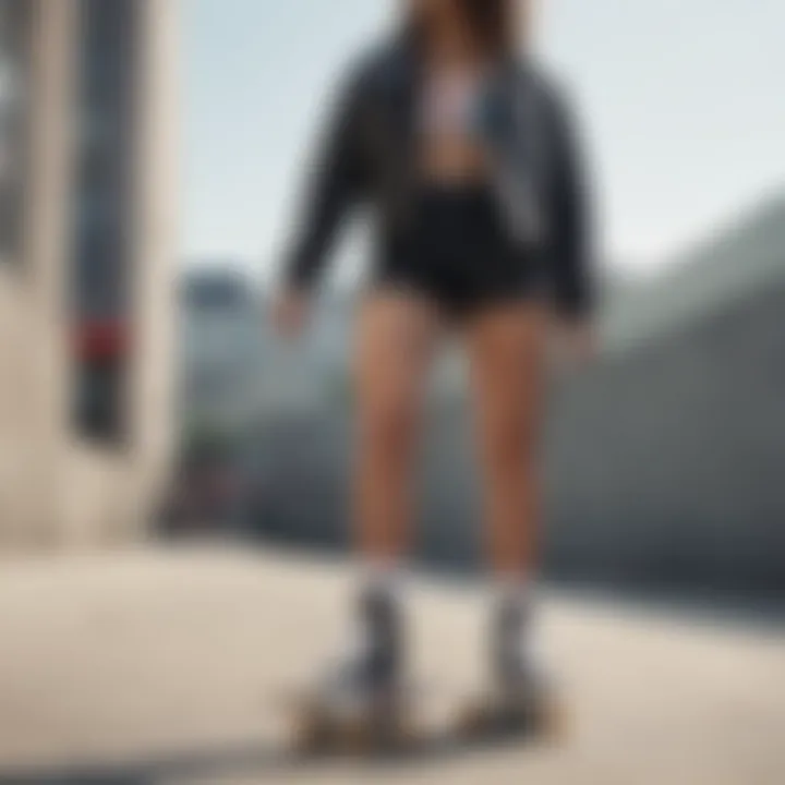 Female skater showcasing styling with biker shorts