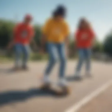 A group of friends in vibrant clothing engaged in a skateboarding session