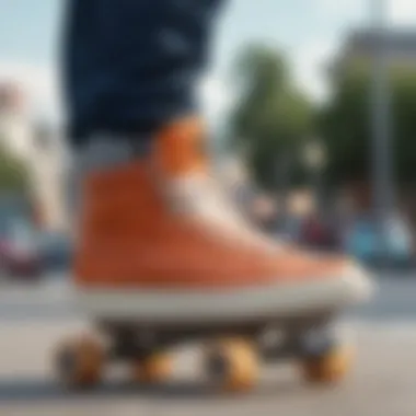 Close-up of stylish skate shoes paired with casual attire